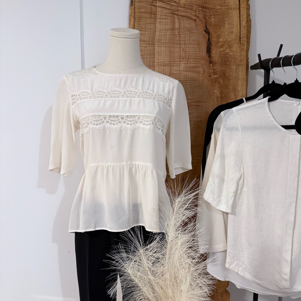 Sandro White 100 % silk Ruffled Peplum Blouse